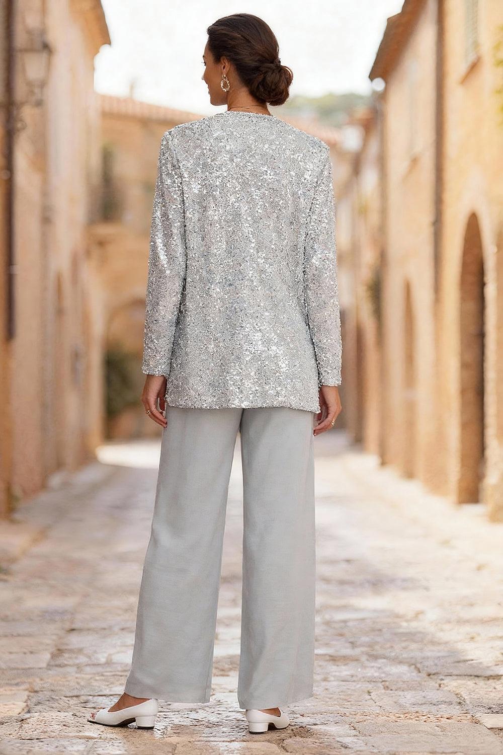 Dreamyannie Silver Sequins Scoop Neck 3 Piece Mother Of The Bride Pant Suits With Jacket