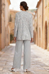 Dreamyannie Silver Sequins Scoop Neck 3 Piece Mother Of The Bride Pant Suits With Jacket