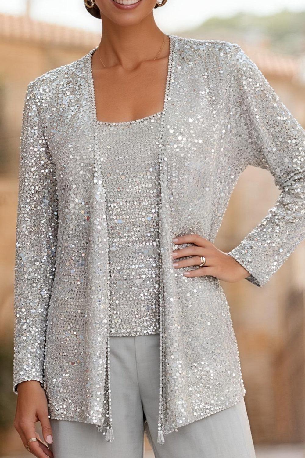 Dreamyannie Silver Sequins Scoop Neck 3 Piece Mother Of The Bride Pant Suits With Jacket
