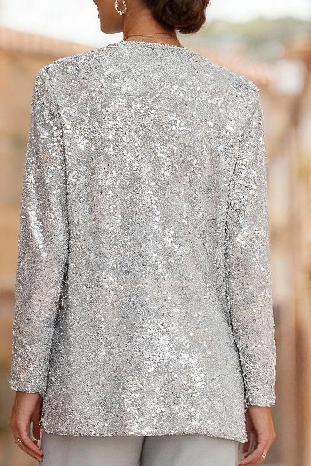 Dreamyannie Silver Sequins Scoop Neck 3 Piece Mother Of The Bride Pant Suits With Jacket