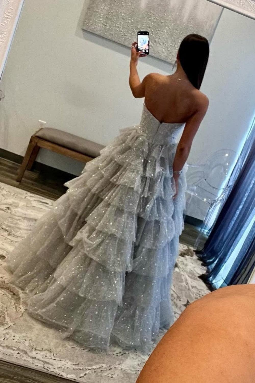 Dreamyannie Silver Sparkling A-Line Sweetheart Ruffle Layer Prom Ball Gown Formal Evening Gown