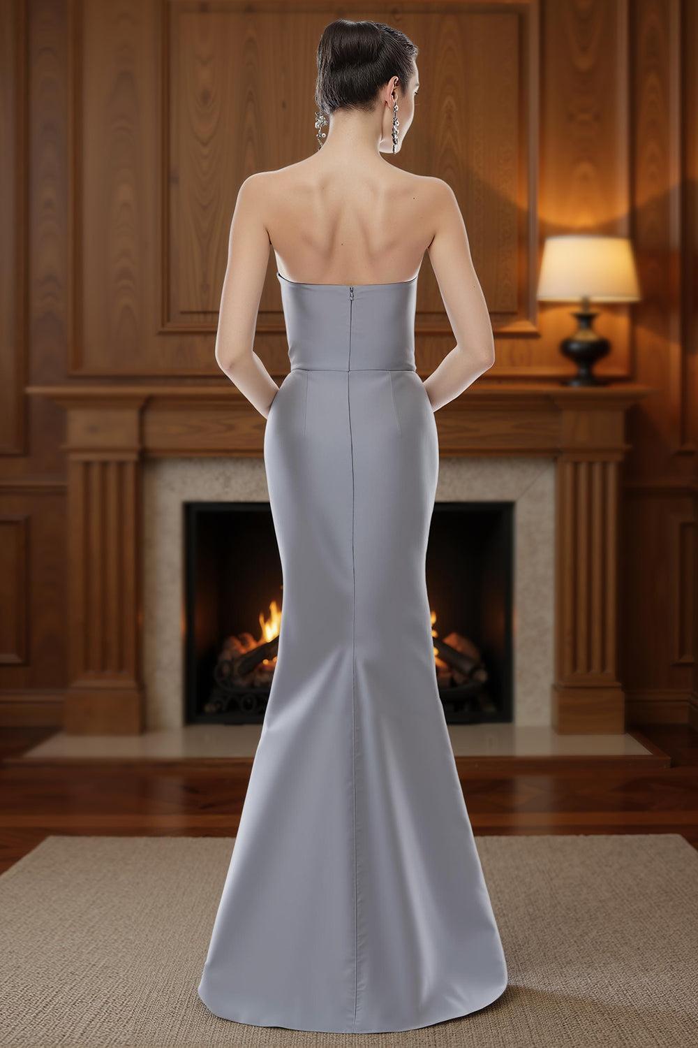 Dreamyannie Silver Strapless Mermaid Floor Length Satin Mother Of The Bride Dress