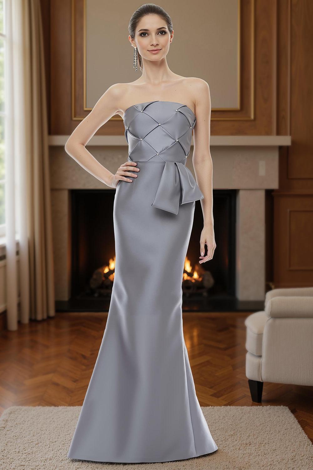 Dreamyannie Silver Strapless Mermaid Floor Length Satin Mother Of The Bride Dress