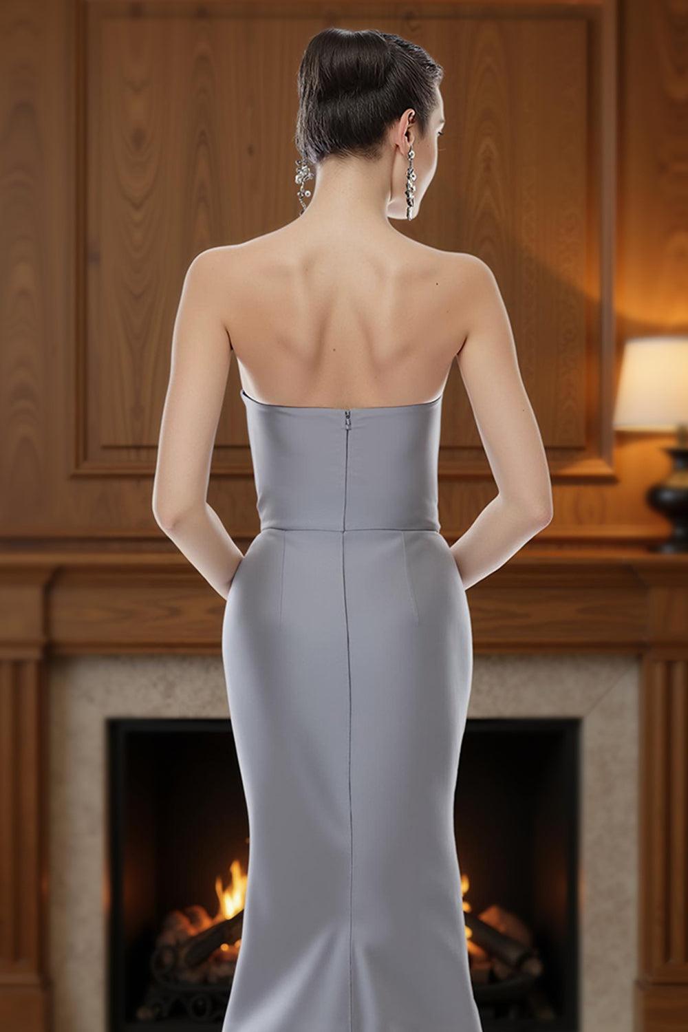Dreamyannie Silver Strapless Mermaid Floor Length Satin Mother Of The Bride Dress