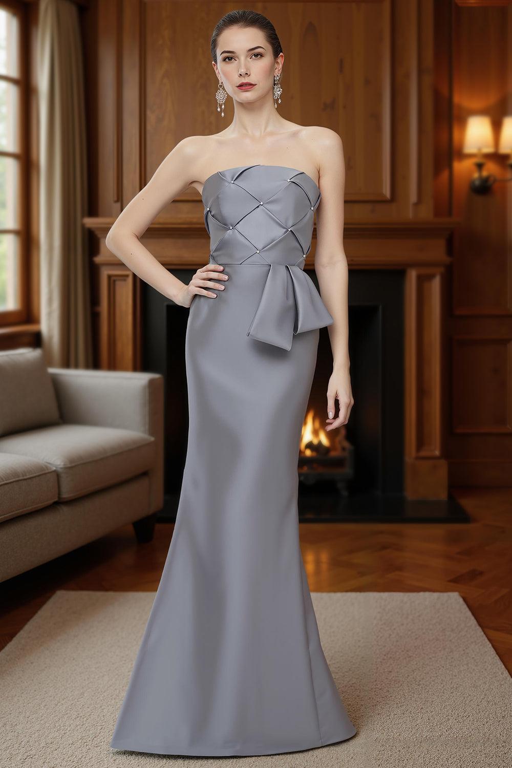 Dreamyannie Silver Strapless Mermaid Floor Length Satin Mother Of The Bride Dress