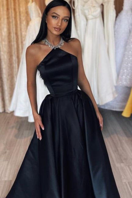 Dreamyannie Simple Black Prom Dress A Line Halter Satin Sleeveless Evening Dress