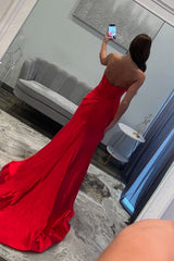 Dreamyannie Simple Corset Red Prom Dress Satin Sweetheart Long Formal Dress With Slit