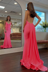 Dreamyannie Simple Mermaid Spaghetti Straps Candy Pink Long Prom Dress With Train Formal Evening Gown