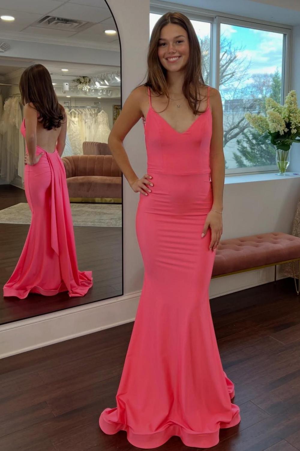 Dreamyannie Simple Mermaid Spaghetti Straps Candy Pink Long Prom Dress With Train Formal Evening Gown