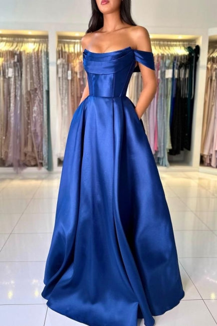 Dreamyannie Simple Royal Blue Prom Dress Off The Shoulder A Line Sleeveless Satin Formal Dress