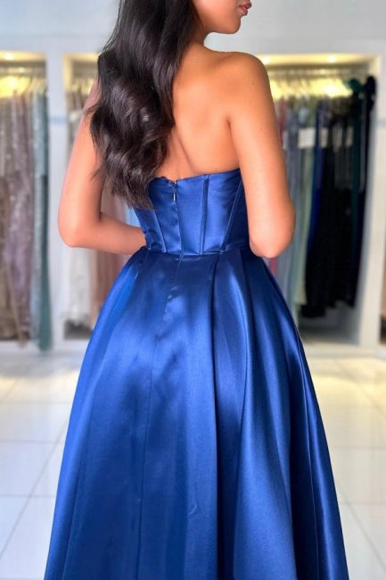 Dreamyannie Simple Royal Blue Prom Dress Off The Shoulder A Line Sleeveless Satin Formal Dress