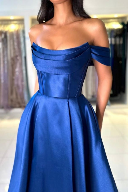 Dreamyannie Simple Royal Blue Prom Dress Off The Shoulder A Line Sleeveless Satin Formal Dress