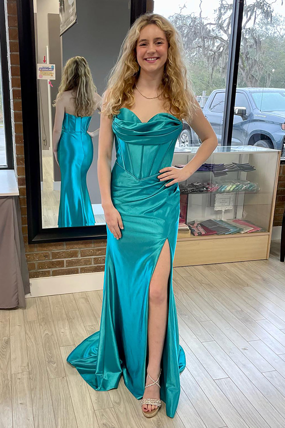 Dreamyannie Simply Turquoise Prom Dress Satin Corset Long Evening Dress With Slit