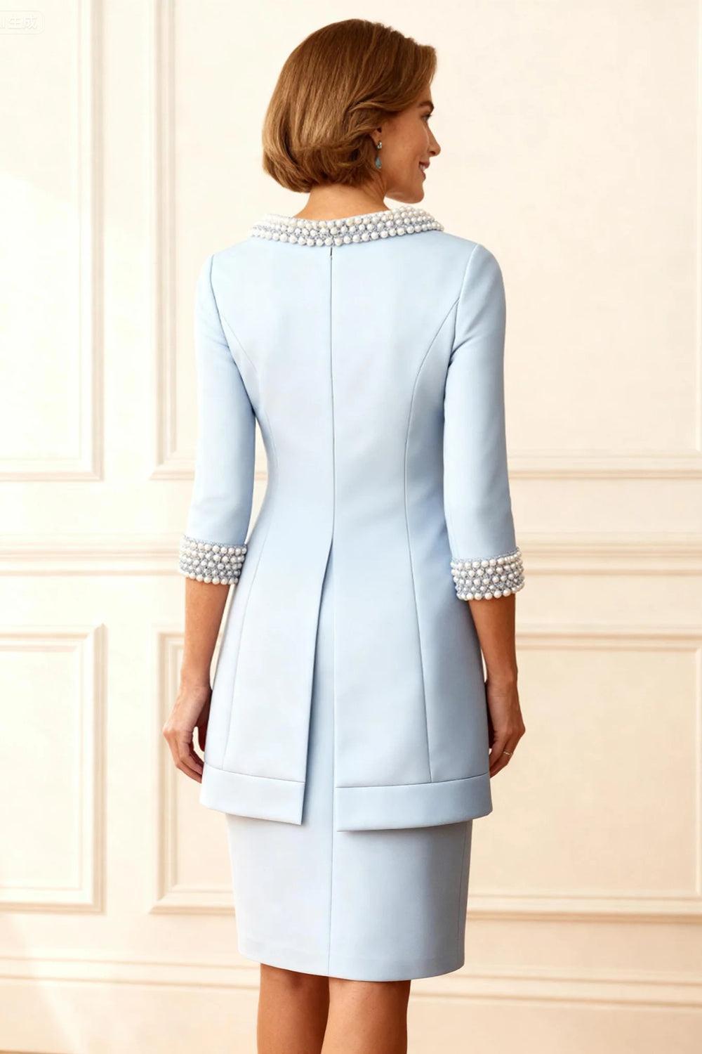 Dreamyannie Sky Blue Beaded Bodycon 2 Piece Knee Length Mother Of The Bride Dress With Jacket