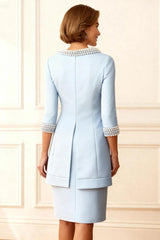 Dreamyannie Sky Blue Beaded Bodycon 2 Piece Knee Length Mother Of The Bride Dress With Jacket