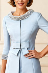 Dreamyannie Sky Blue Beaded Bodycon 2 Piece Knee Length Mother Of The Bride Dress With Jacket