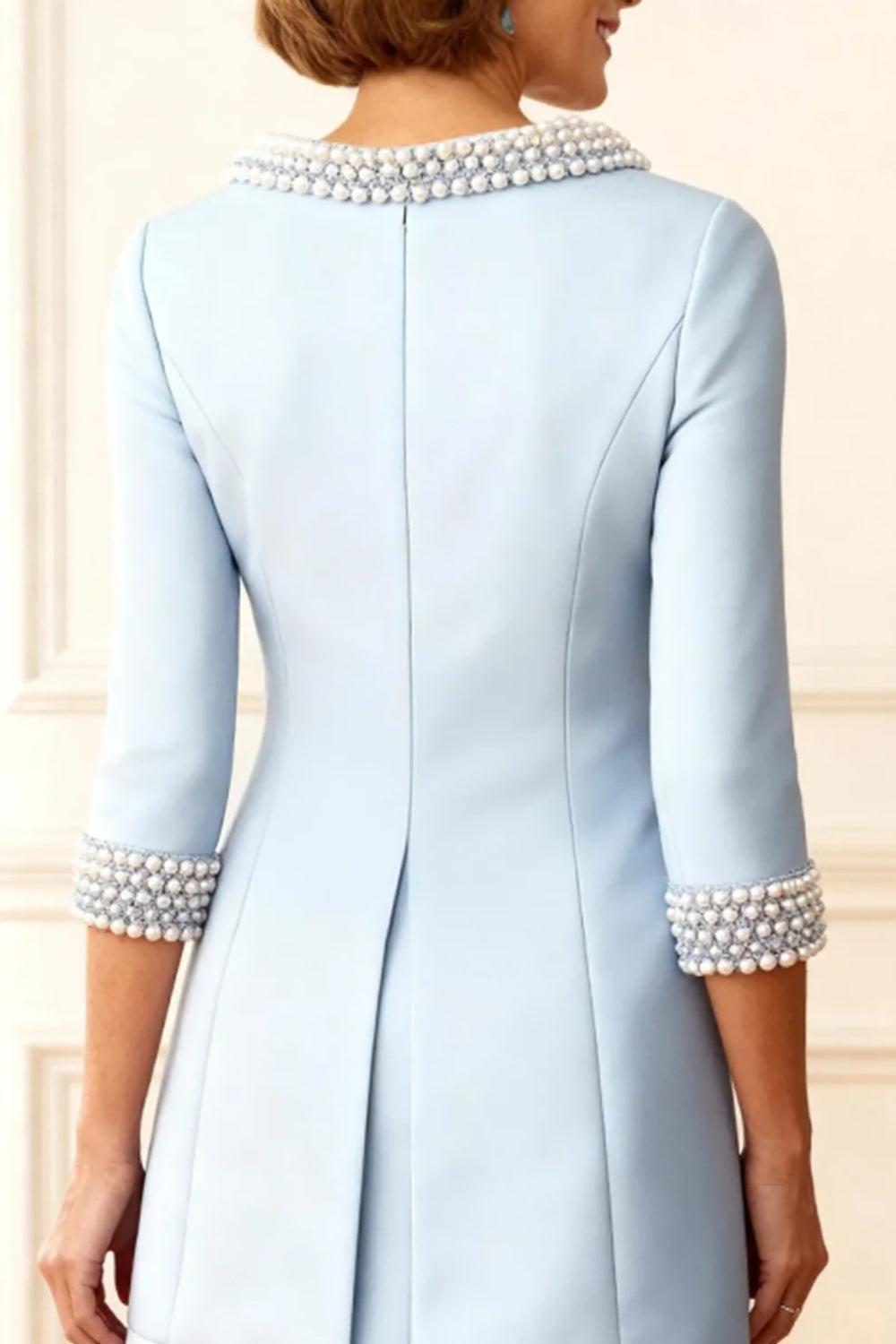 Dreamyannie Sky Blue Beaded Bodycon 2 Piece Knee Length Mother Of The Bride Dress With Jacket