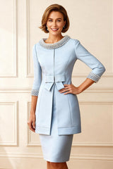 Dreamyannie Sky Blue Beaded Bodycon 2 Piece Knee Length Mother Of The Bride Dress With Jacket