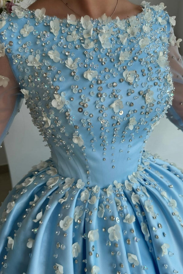 Dreamyannie Sky Blue Prom Dress A Line Satin Rhinestones Evening Dress With Sleeves