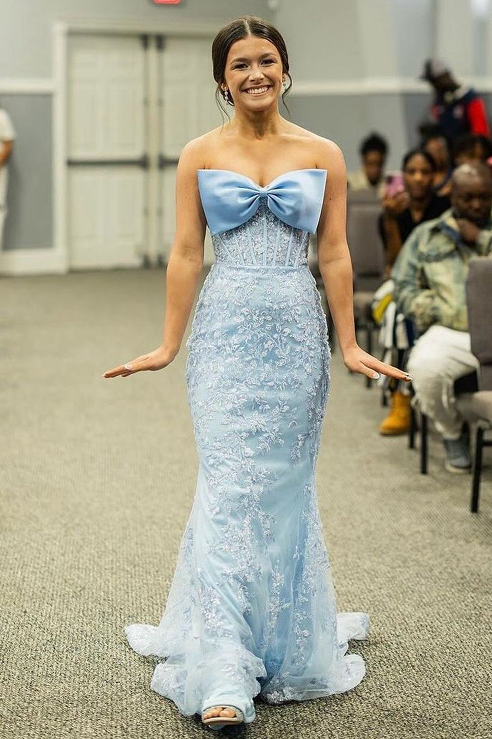 Dreamyannie Sky Blue Prom Dress Floral Mermaid Strapless Long Evening Dress With Bow