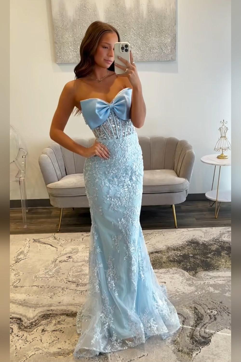 Dreamyannie Sky Blue Prom Dress Floral Mermaid Strapless Long Evening Dress With Bow