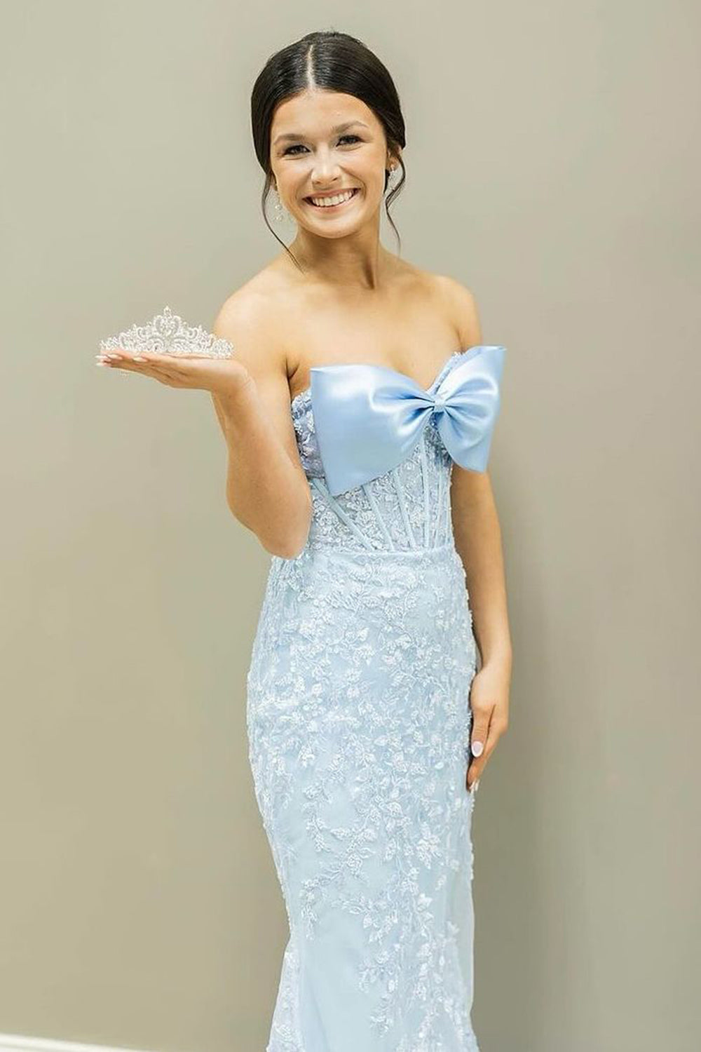 Dreamyannie Sky Blue Prom Dress Floral Mermaid Strapless Long Evening Dress With Bow