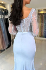 Dreamyannie Sky Blue Prom Dress Mermaid Scoop Beaded Sleeves Slit Satin Formal Dress With Sequins