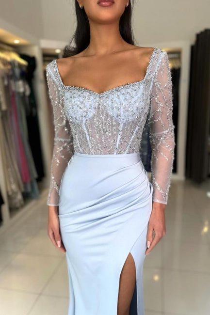 Dreamyannie Sky Blue Prom Dress Mermaid Scoop Beaded Sleeves Slit Satin Formal Dress With Sequins