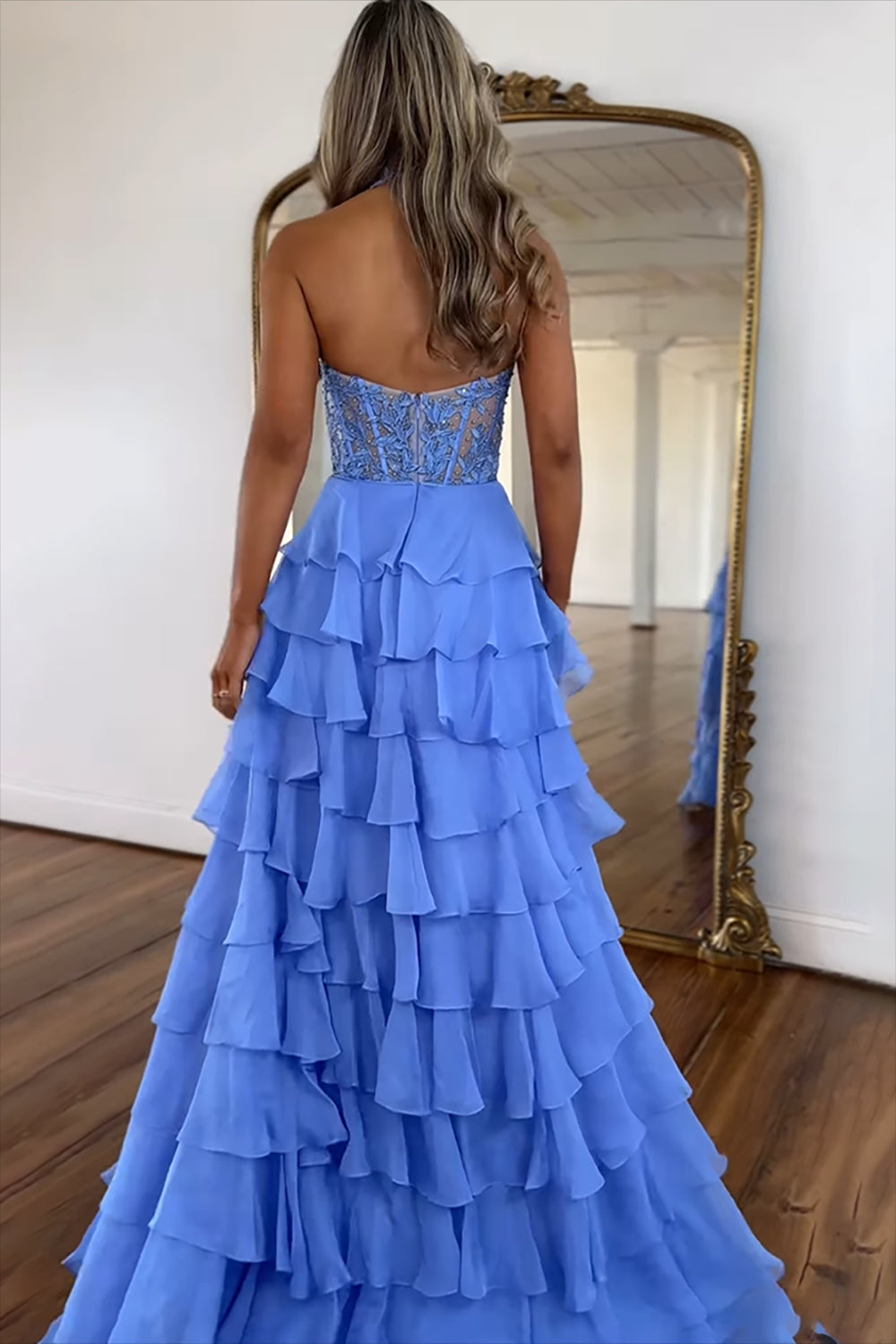Dreamyannie Sky Blue Prom Dress Ruffled Halter Corset Evening Dress With Slit