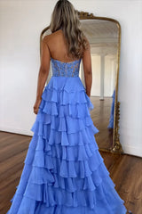 Dreamyannie Sky Blue Prom Dress Ruffled Halter Corset Evening Dress With Slit