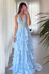 Dreamyannie Sky Blue Prom Dress Ruffled Halter Corset Evening Dress With Slit