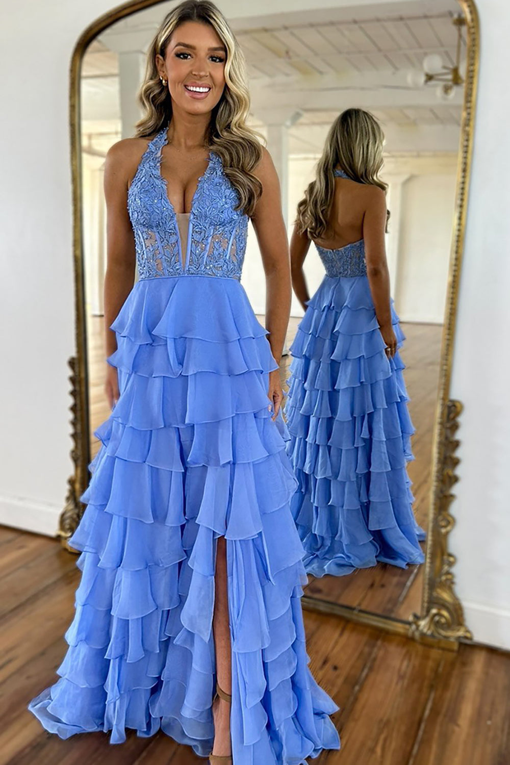 Dreamyannie Sky Blue Prom Dress Ruffled Halter Corset Evening Dress With Slit