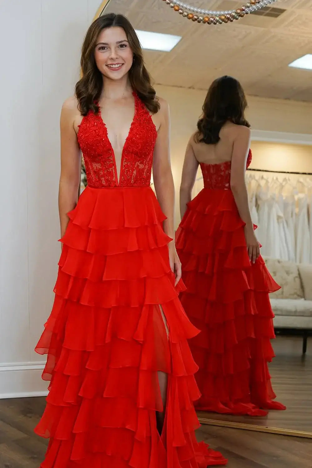 Dreamyannie Sky Blue Prom Dress Ruffled Halter Corset Evening Dress With Slit