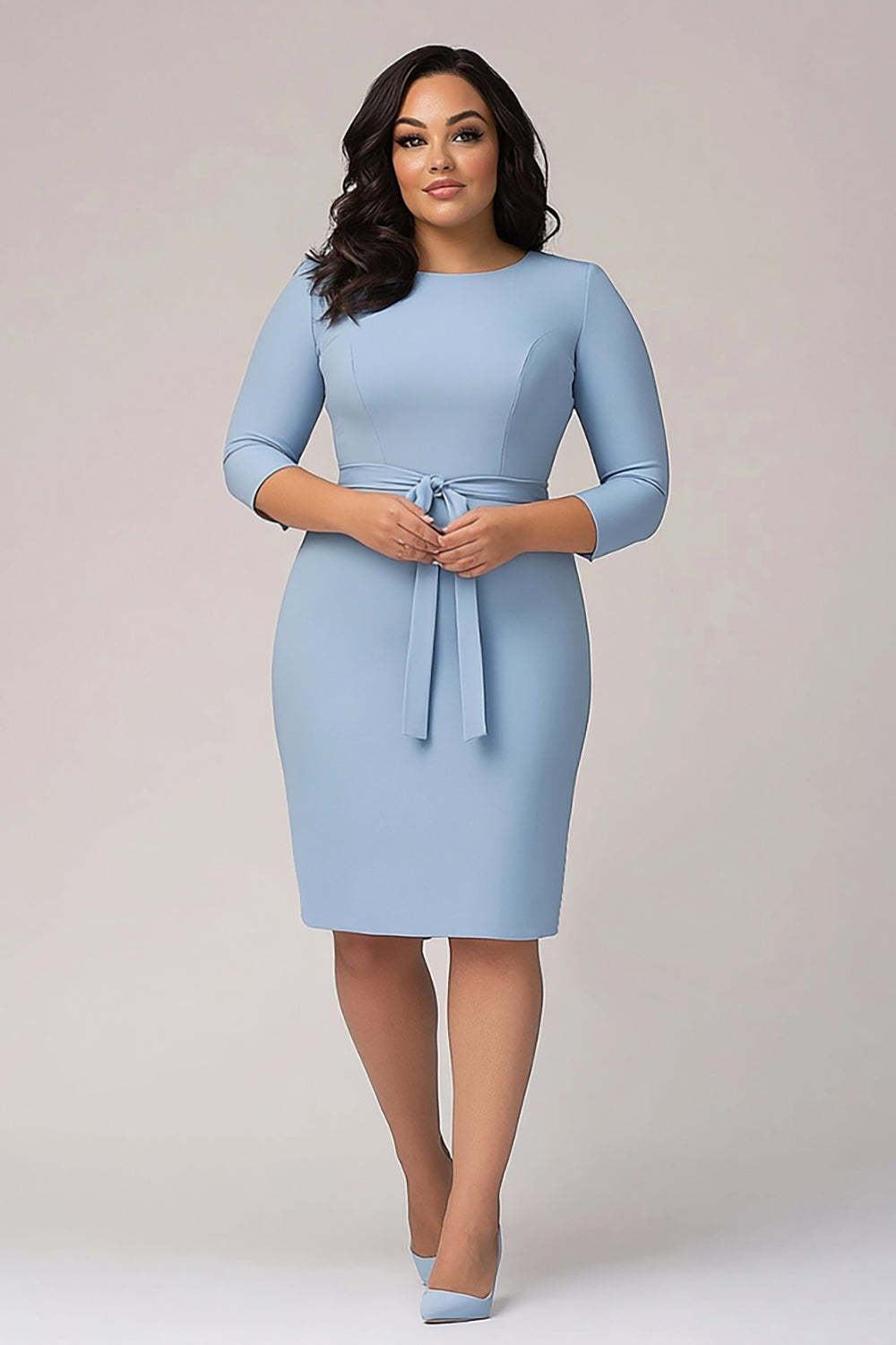 Dreamyannie Sky Blue Wedding Guest Dress Plus Size Crepe Formal Dress With 3/4 Sleeves