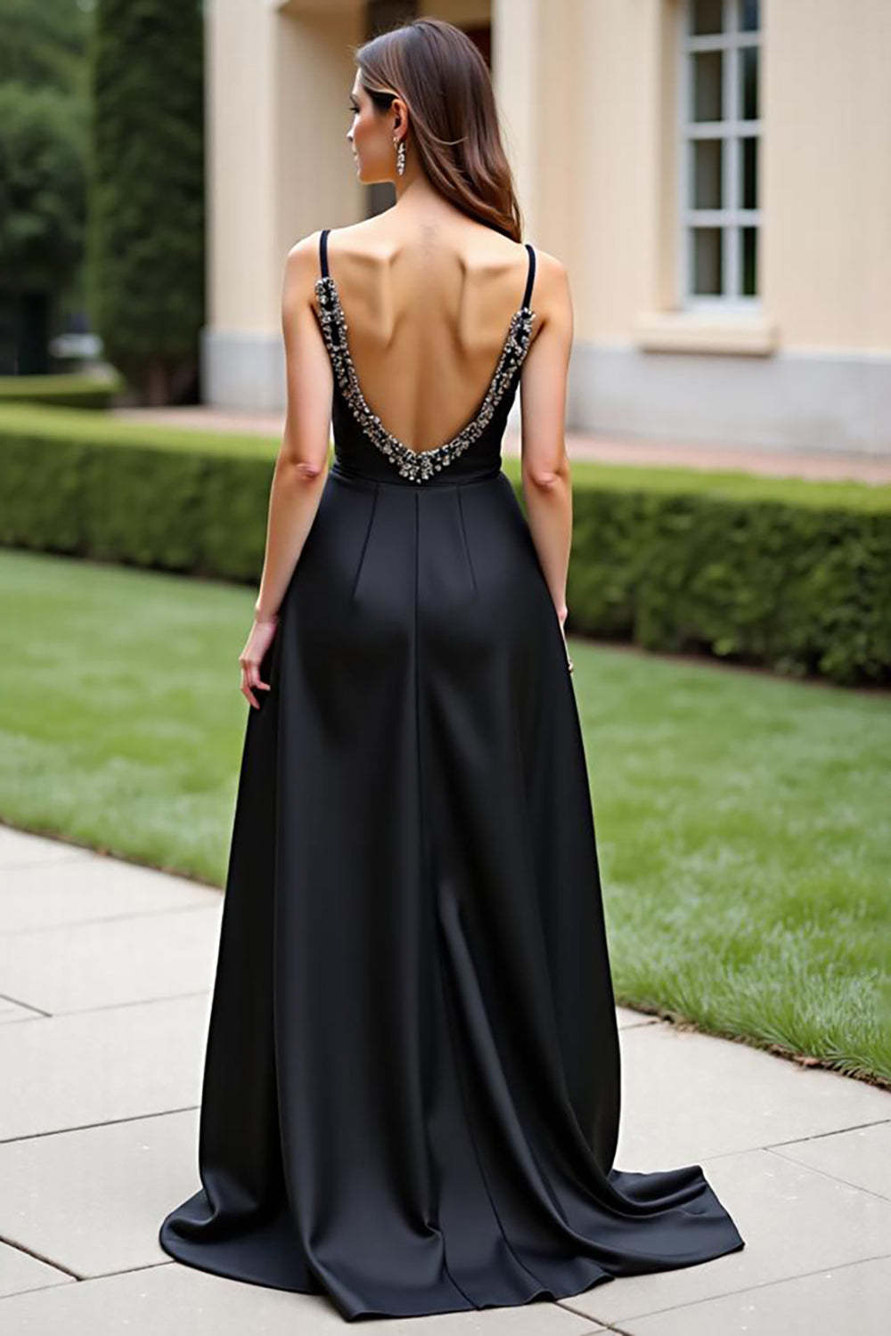 Dreamyannie Spaghetti Straps A Line Black Wedding Guest Dress Long Formal Dress With Slit