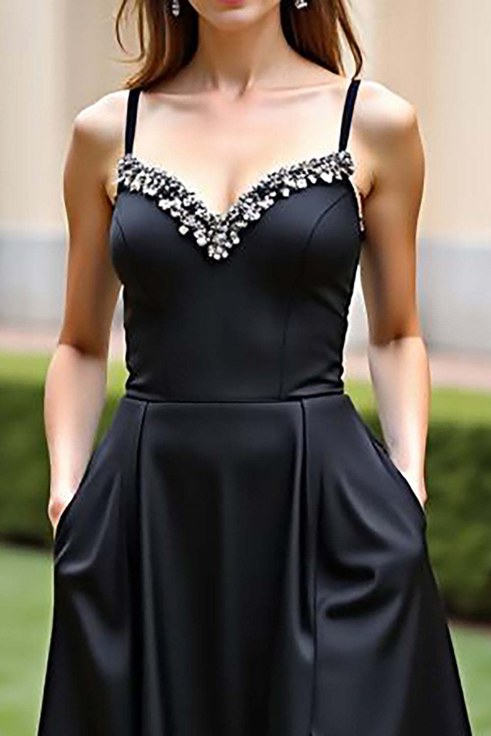 Dreamyannie Spaghetti Straps A Line Black Wedding Guest Dress Long Formal Dress With Slit