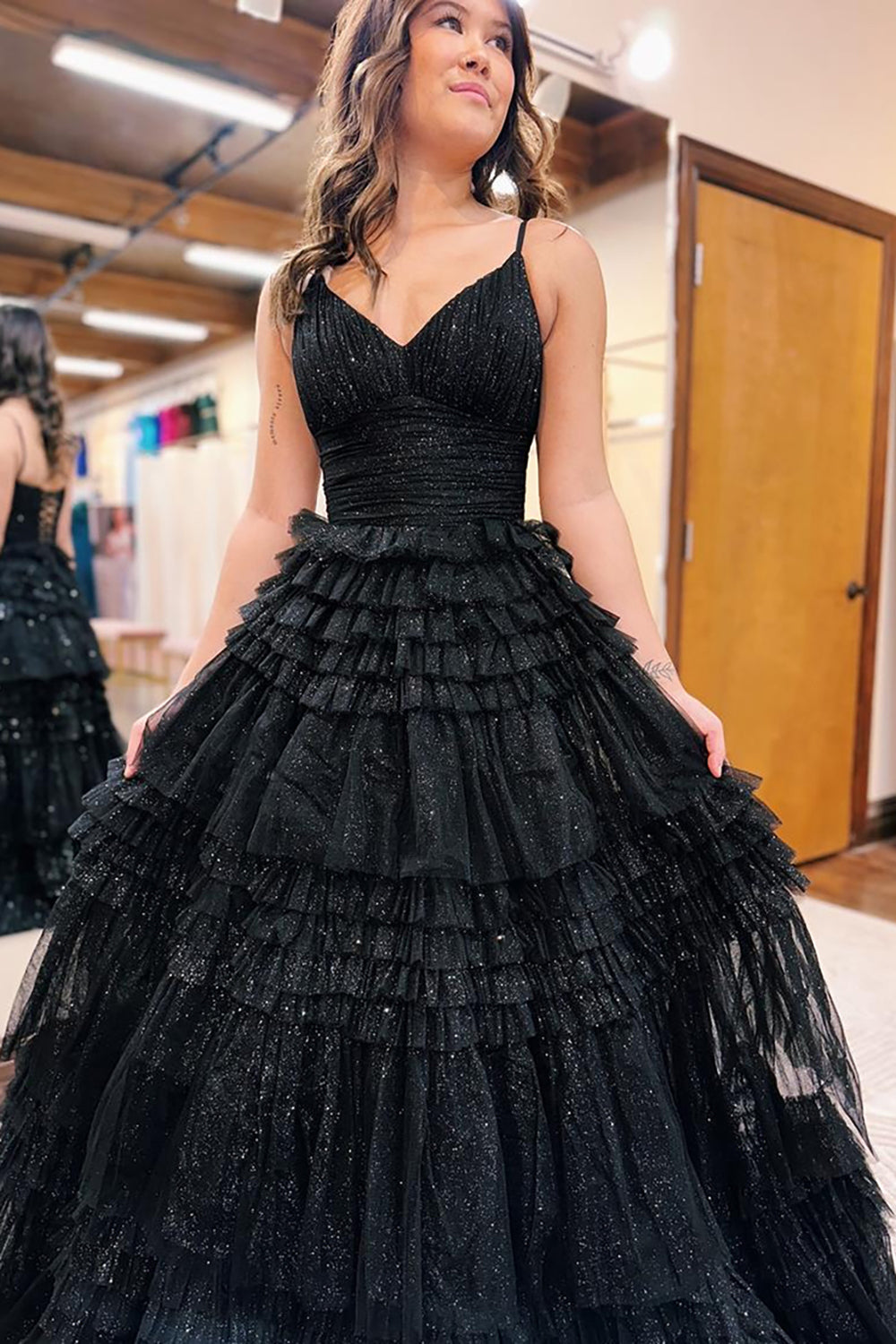 Dreamyannie Spaghetti Straps Black Prom Dress Ruffled Long Evening Dress