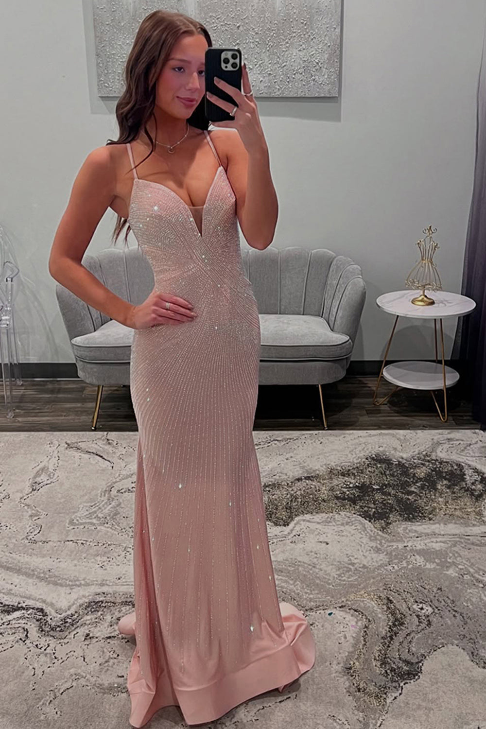 Dreamyannie Spaghetti Straps Light Pink Prom Dress Beaded Long Formal Dress