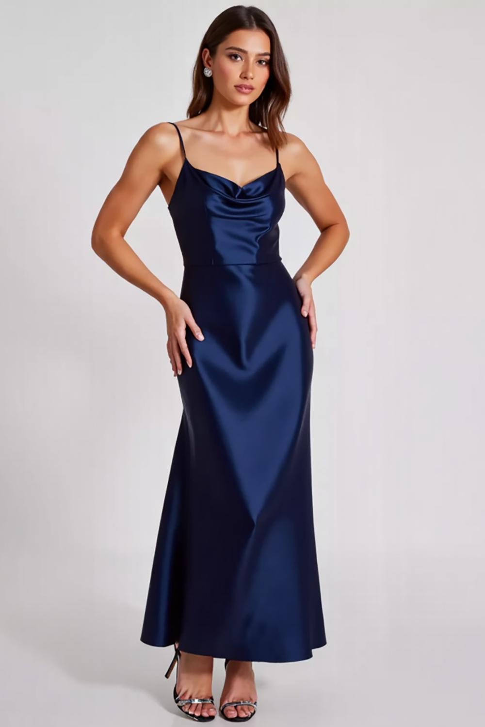 Dreamyannie Spaghetti Straps Navy Wedding Guest Dress Satin Sheath Long Formal Dress