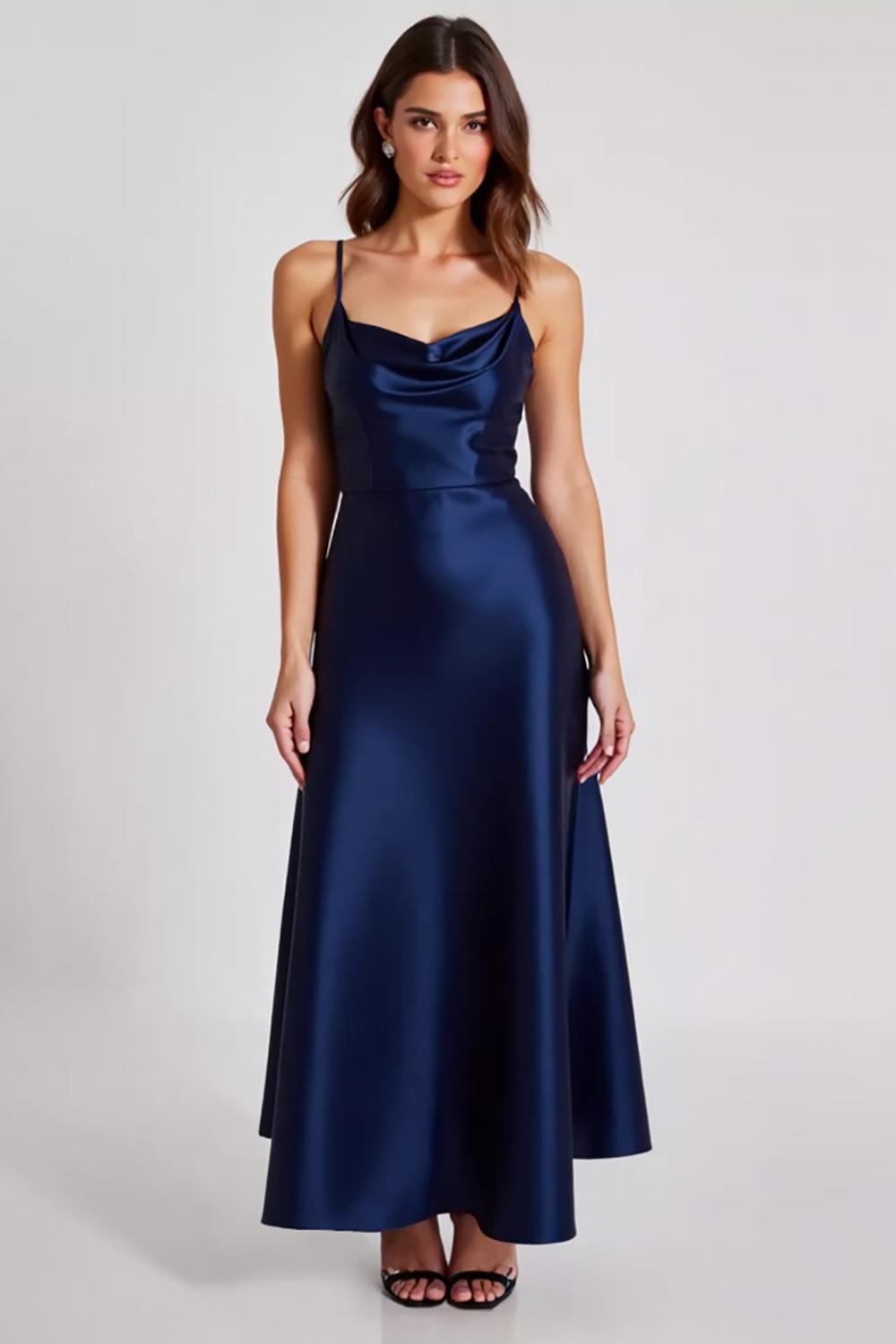 Dreamyannie Spaghetti Straps Navy Wedding Guest Dress Satin Sheath Long Formal Dress