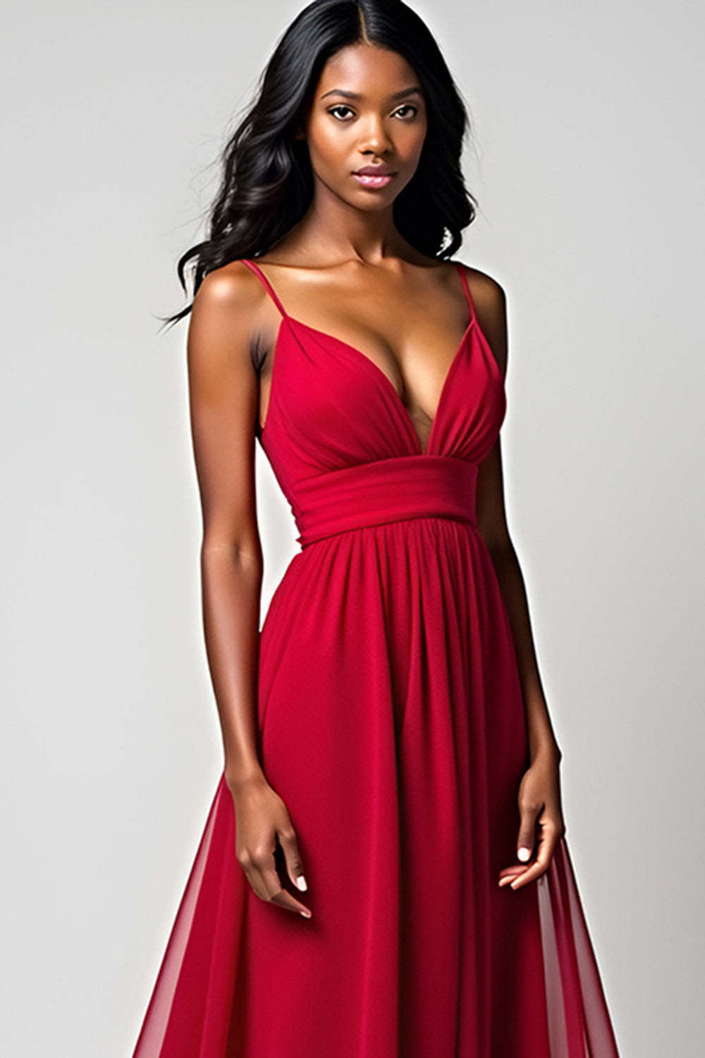 Dreamyannie Spaghetti Straps Ruched Backless Red Wedding Guest Dress Long Formal Dress