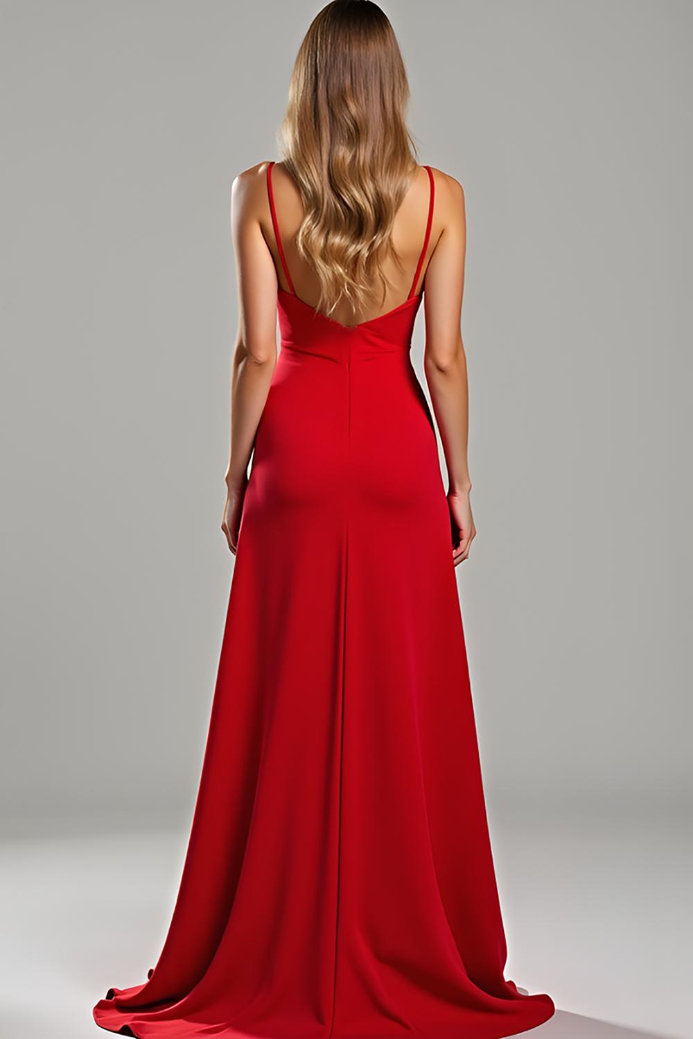 Dreamyannie Spaghetti Straps Sheath Red Wedding Guest Dress Satin Long Formal Dress