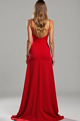 Dreamyannie Spaghetti Straps Sheath Red Wedding Guest Dress Satin Long Formal Dress