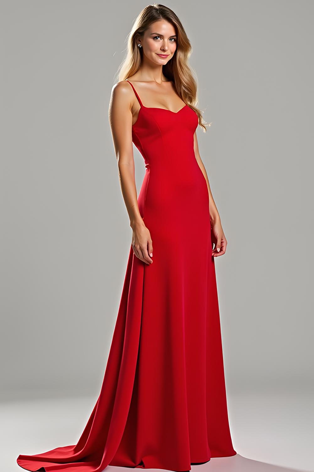 Dreamyannie Spaghetti Straps Sheath Red Wedding Guest Dress Satin Long Formal Dress