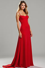 Dreamyannie Spaghetti Straps Sheath Red Wedding Guest Dress Satin Long Formal Dress
