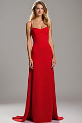 Dreamyannie Spaghetti Straps Sheath Red Wedding Guest Dress Satin Long Formal Dress
