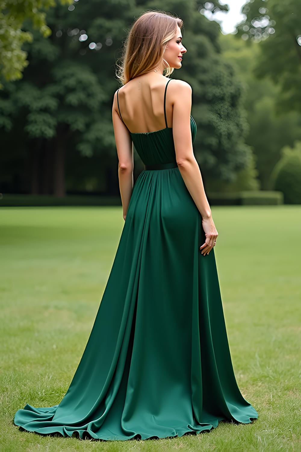 Dreamyannie Spaghetti Straps Square Neck Dark Green Wedding Guest Dress Long Formal Dress
