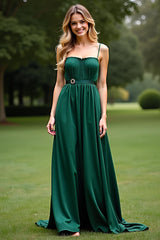 Dreamyannie Spaghetti Straps Square Neck Dark Green Wedding Guest Dress Long Formal Dress