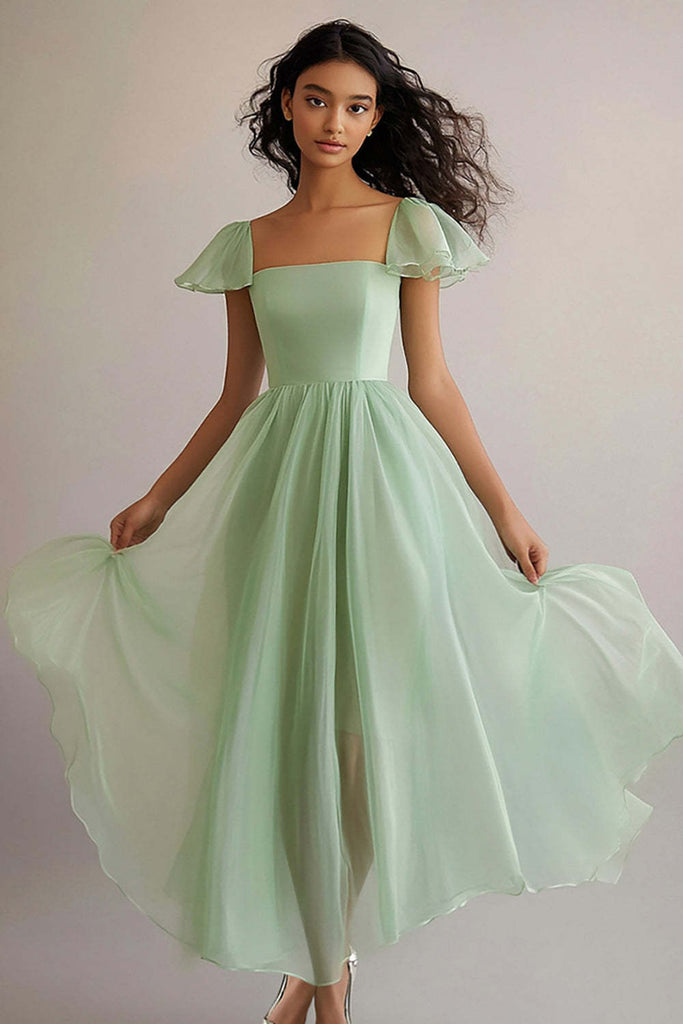 Dreamyannie UK Square Neck Long A Line Light Green Wedding Guest Dress  Formal Dress