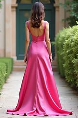 Dreamyannie Square Neck Satin A Line Fuchsia Wedding Guest Dress Long Prom Dress
